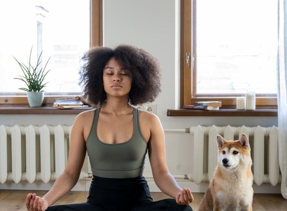 Person doing yoga with a dog next to her