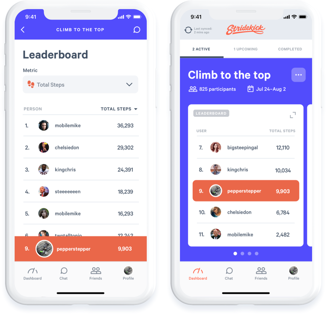 Phones displaying the leaderboard mode on the MoveSpring app